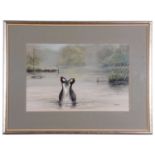 John Frank Haywood (British, 20th Century), Great crested grebes courtship display, gouache, signed,