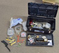 Tool box with large quantity of fishing related items including reel line, tools, lead weights,