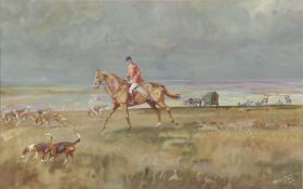 Michael Lyne (British, 1912-1989), A huntsman and hounds with the rest of the field waiting by a
