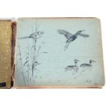 Guest book for the Hickling hotel – on Hickling broad, drawings of great crested grebe by Rowland