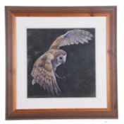 British School, Barn owl at night, presented in a contemporary wooden frame, 17x16ins