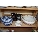 MIXED LOT: FLORAL DECORATED CHAMBER POT, BLUE AND WHITE TERRINE AND OTHER ASSORTED CERAMICS