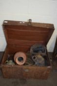 METAL TRUNK CONTAINING GUTTER HOPPERS, ROPE, ASSORTED CERAMICS ETC