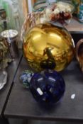 LARGE OVERSIZE BAUBLE OR WITCHES BALL TOGETHER WITH 2 FURTHER MODERN GLASS PAPER WEIGHTS (3)