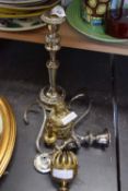 MIXED LOT: SILVER PLATED CANDLE STICK AND BRASS WARES TO INCLUDE A CAMEL BELL