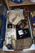 BOX VARIOUS ASSORTED ITEMS TO INCLUDE WOODEN CHOPPING BOARD, SILVER PLATED CANDLE SNUFFERS ETC