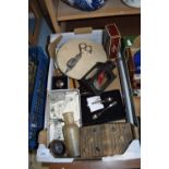 BOX VARIOUS ASSORTED ITEMS TO INCLUDE WOODEN CHOPPING BOARD, SILVER PLATED CANDLE SNUFFERS ETC