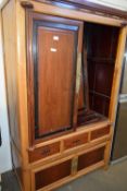 20TH CENTURY CHINESE HARDWOOD AND BRASS BOUND CUPBOARD WITH THREE DRAWERS AND FOUR DOORS (A/F)