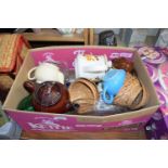 BOX OF VARIOUS TEAPOTS, KITCHEN WARES ETC