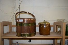 COPPER AND BRASS BOUND COAL BUCKET TOGETHER WITH AN OAK BISCUIT BARREL