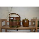 COPPER AND BRASS BOUND COAL BUCKET TOGETHER WITH AN OAK BISCUIT BARREL