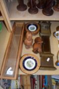 MIXED LOT: ASHTRAYS, MINIATURE LONG CASE CLOCK, WOODEN FIGURES ETC