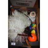 BOX OF MIXED ITEMS TO INCLUDE JUGGLING BALLS, PARASOL, OSTRICH FEATHER FAN ETC