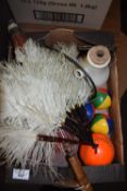 BOX OF MIXED ITEMS TO INCLUDE JUGGLING BALLS, PARASOL, OSTRICH FEATHER FAN ETC