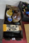 MIXED LOT: STONE WARE FLAGONS, BOTTLES AND OTHER ITEMS