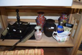 MIXED LOT: VARIOUS ASSORTED VASES, SUGAR SIFTER, CRUET STAND, DRESSING TABLE BRUSHES ETC