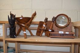 MIXED LOT: SMALL DRESSING TABLE MIRROR, ETHNIC CARVINGS, WOODEN WALL LIGHTS AND A HARDWOOD BOWL