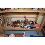 MIXED LOT: VARIOUS ASSORTED DOLLS, TOY CARS, ORNAMENTS ETC