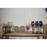 MIXED LOT: VARIOUS COLOURED DRINKING GLASSES, GLASS BOWLS, VASES ETC