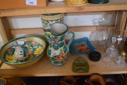 MIXED LOT: ITALIAN FLORAL DECORATED POTTERY ITEMS, VARIOUS GLASS WARES ETC