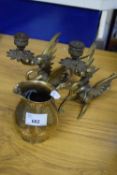 PAIR OF BRASS GRIFFIN FORMED TABLE LAMP BASES PLUS FURTHER BRASS WARES