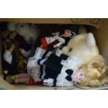ONE BOX VARIOUS ASSORTED SOFT TOYS, MODERN PORCELAIN HEADED DOLLS AND OTHER ITEMS