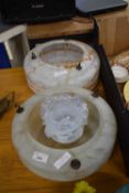 MIXED LOT: TWO MARBLED GLASS LIGHT SHADES TOGETHER WITH A FURTHER PAIR OF VASELINE GLASS LIGHT