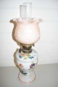 VICTORIAN OIL LAMP WITH FRILLED GLASS SHADE AND FLORAL DECORATED BODY