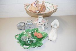 MIXED LOT: PIN CUSHION DOLLS, FLORAL DECORATED TAZZA, VARIOUS OTHER ASSORTED WARES