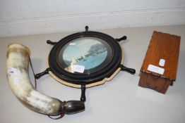MIXED LOT: COMPRISING A POLISHED COW HORN, SHIPS WHEEL PICTURE FRAME AND A SMALL MUSICAL JEWELLERY