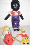 MIXED LOT: VINTAGE CLOWN PUPPET, FURTHER FABRIC DOLL AND A WOODEN SHADOW PUPPET (3)