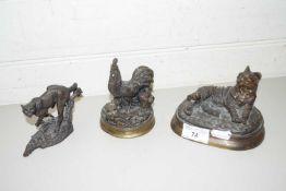 THREE SMALL BRONZE FIGURES, RECLINING CAT MARKED "MENE", A FURTHER MODEL OF A COCKEREL AND A FURTHER