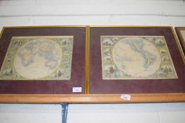 PAIR OF COLOURED PRINTS, EASTERN AND WESTERN HEMISPHERES, FRAMED AND GLAZED