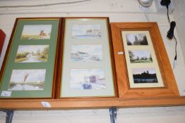 RON BROOKS, TWO FRAMED GROUPS OF THREE VIEWS VARIOUS NORFOLK SCENES TOGETHER WITH GEOFF JOHNYS GROUP