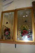 PAIR OF RECTANGULAR BEVELLED WALL MIRRORS WITH BUTTERFLY AND FLORAL DECORATION