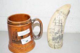 REPRODUCTION SIMULATED CARVED WHALES TOOTH TOGETHER WITH A HMS VICTORY TANKARD