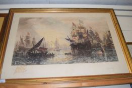 SIR OSWALD WALTERS BRIERLY LARGE ENGRAVING, SHIPS IN HARBOUR, SIGNED IN PENCIL BY THE ARTIST AND