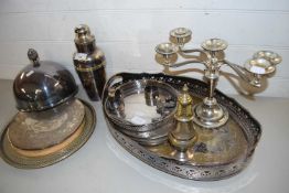 MIXED LOT: VARIOUS ASSORTED SILVER PLATED SERVING TRAYS, CANDELABRA, COCKTAIL SHAKER ETC