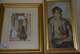 MIXED LOT: P G COMER "THE CHRISTMAS ORPHAN", WATERCOLOUR TOGETHER WITH 20TH CENTURY SCHOOL
