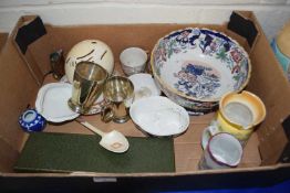MIXED LOT: VARIOUS ASSORTED CERAMICS, CARVED OSTRICH EGG, SILVER PLATED TANKARD ETC