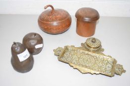 MIXED LOT: BRASS DESK STAND, BRONZE RESIN MODEL FRUIT AND FURTHER SMALL STORAGE BOXES