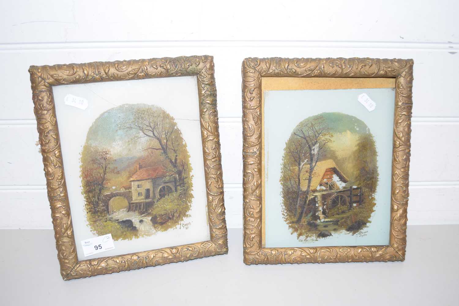 PAIR OF STUDIES OF WATER MILLS PAINTED ON MILK GLASS BACKING