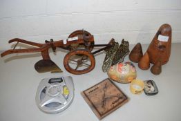 MIXED LOT: COMPRISING VARIOUS TURNED WOODEN ORNAMENTS, BRASS LETTER STAND, WALKMAN ETC