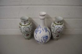 PAIR OF CONTINENTAL FLORAL DECORATED VASES TOGETHER WITH A REPRODUCTION LOWESTOFT PORCELAIN VASE (