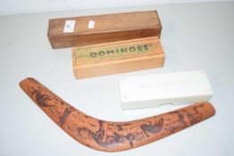 MIXED LOT: CASED DOMINOES AND A TOURIST WARE BOOMERANG
