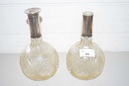 TWO GLOBE FORMED SMALL DECANTERS WITH SILVER COLLARS LACKING STOPPERS