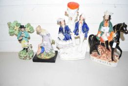 MIXED LOT: STAFFORDSHIRE FIGURES COMPRISING OF BOCAGE BACK FIGURE, FIGURE DICK TURPIN, FURTHER