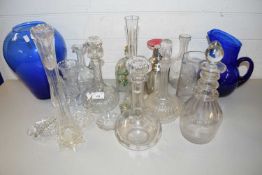 MIXED LOT: VARIOUS 19TH CENTURY AND LATER DECANTERS, BLUE GLASS JUG, VASES, STAINLESS STEEL COCKTAIL