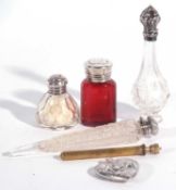 Mixed lot including a Dutch white metal heart shaped scent bottle embossed both sides with figures