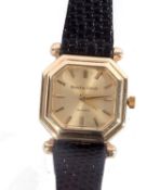 A 9ct gold ladies Bueche Girod quartz wrist watch. Case GW excluding strap, approx 17 grams. The